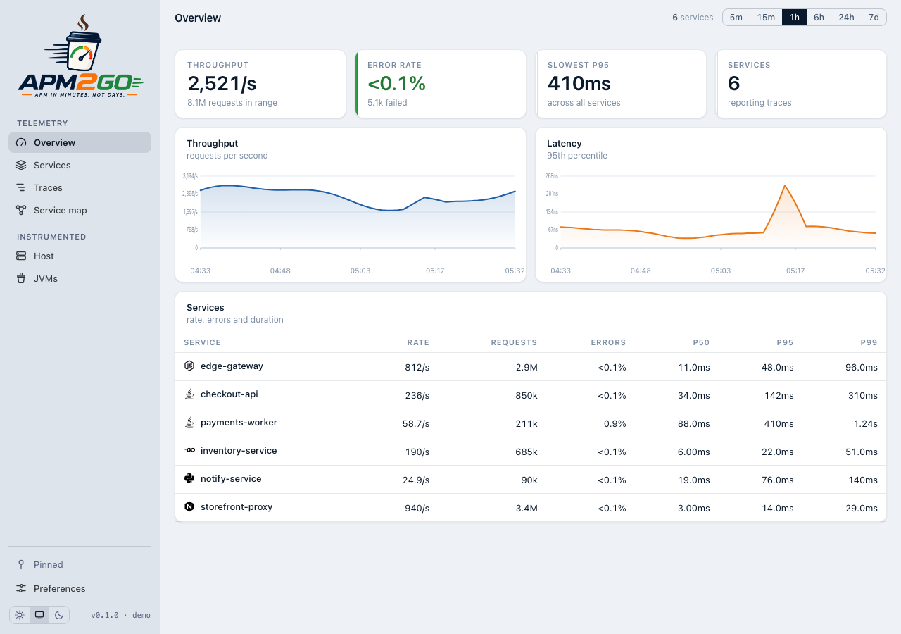 apm2go overview screen showing throughput, error rate and per-service latency for six services